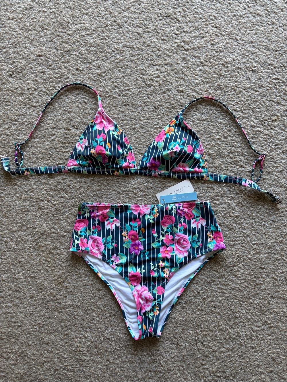 Cupshe Pink Floral on Dark Green Stripe High-Waist Bikini
